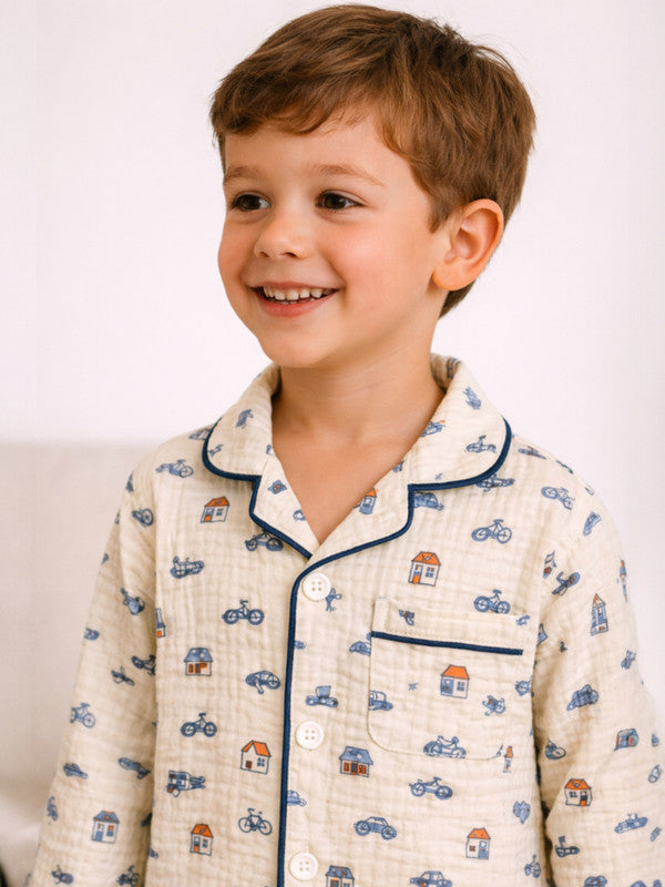 Boys 100% Cotton Muslin Pyjama Set – Vehicle Print