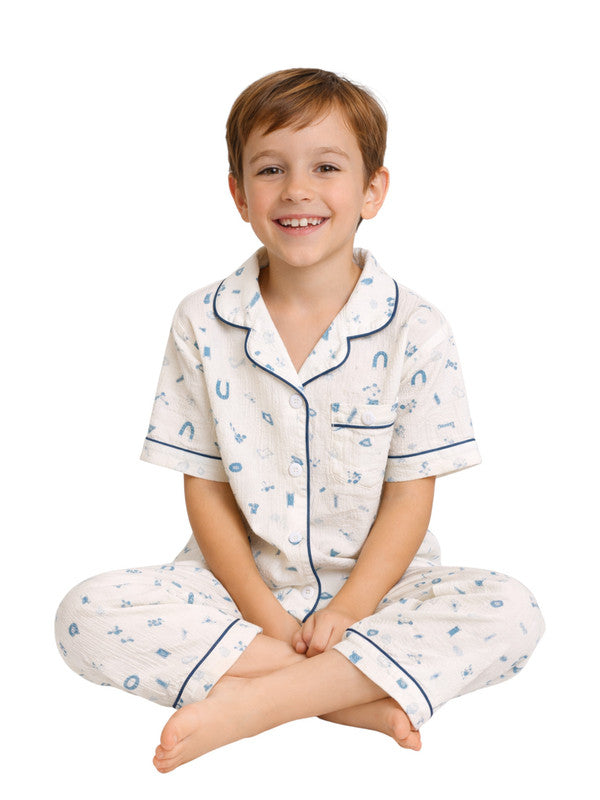 Boys 100% Cotton Muslin Pyjama Set with Blue Geometric Print