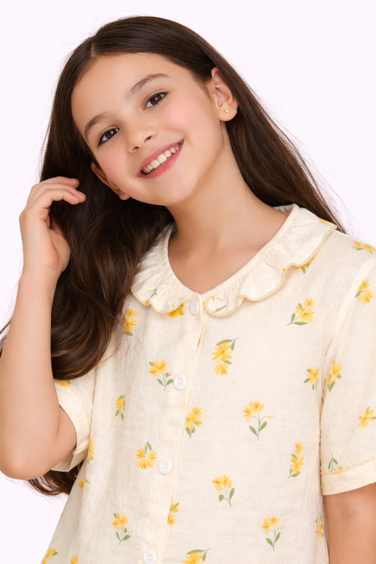 Girls Floral Printed Muslin Cotton Pyjama Set with Puff Sleeves