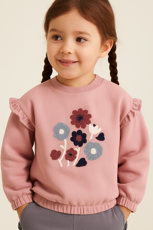 Girls Floral Chenille Fleece Tracksuit – Dusty Rose & Grey 2-Piece Set