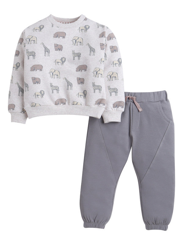 Boys Safari Print Fleece Tracksuit – Sand & Heather Grey 2-Piece Set