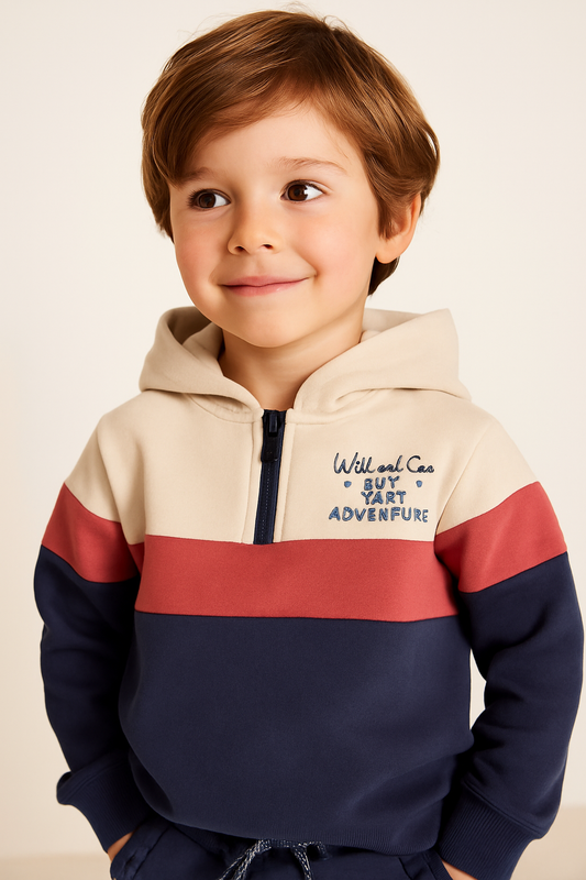 Boys Colorblock Fleece Tracksuit – Cream, Terracotta & Grey 2-Piece Set