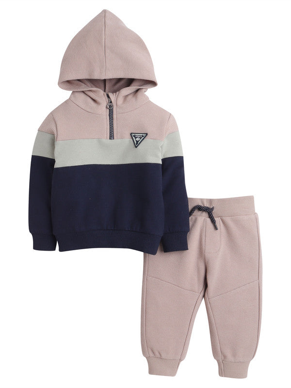 Boys Colorblock Fleece Tracksuit – Beige & Navy 2-Piece Set