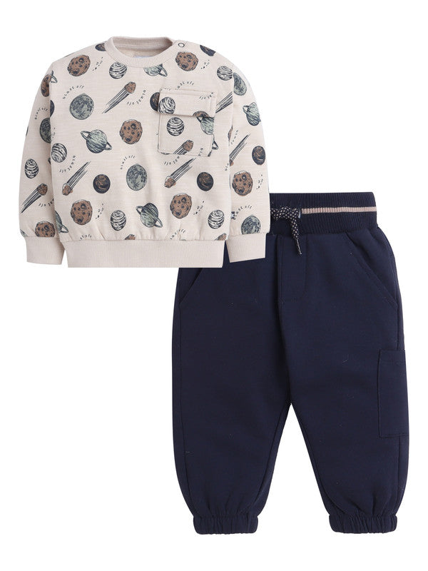 Boys Planet Cargo Fleece Tracksuit – Cream & Navy 2-Piece Set