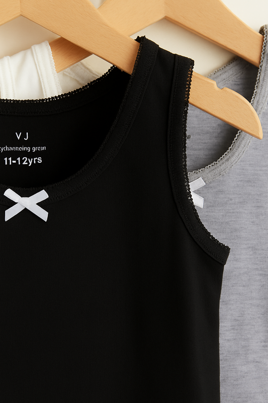 3-Pack Girls' Cotton Vests – Neutral Basics in Black, White & Grey