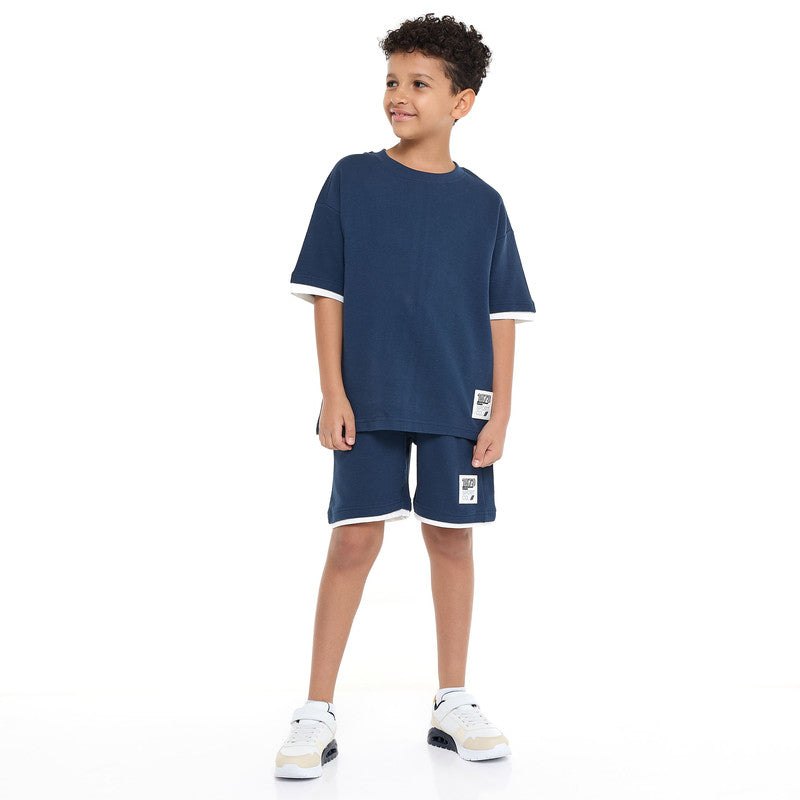 Victor and Jane Boys' Cord Set – Navy T-Shirt and Shorts Outfit with Label Detail