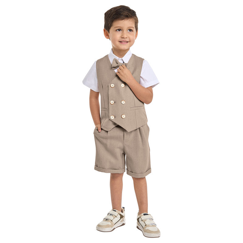 Neutral/Beige Waistcoat And Short Set With Shirt And Bow Tie