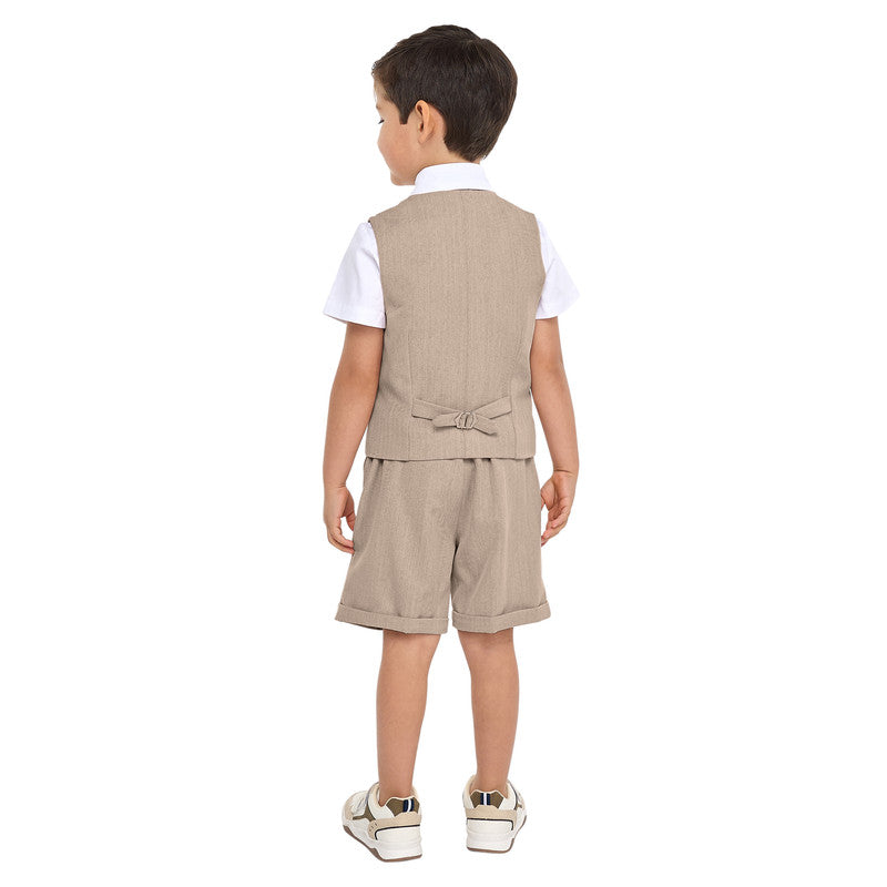 Neutral/Beige Waistcoat And Short Set With Shirt And Bow Tie