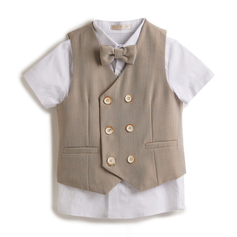 Neutral/Beige Waistcoat And Short Set With Shirt And Bow Tie