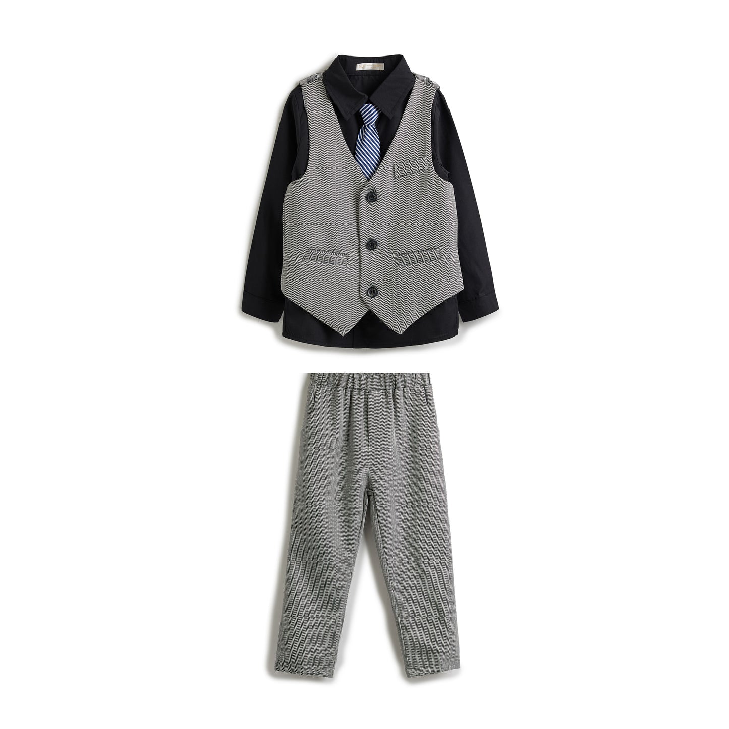 Grey Herringbone Waistcoat And Pant Set With Shirt And Tie