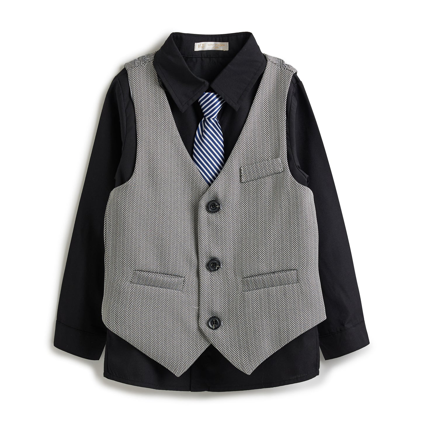 Grey Herringbone Waistcoat And Pant Set With Shirt And Tie