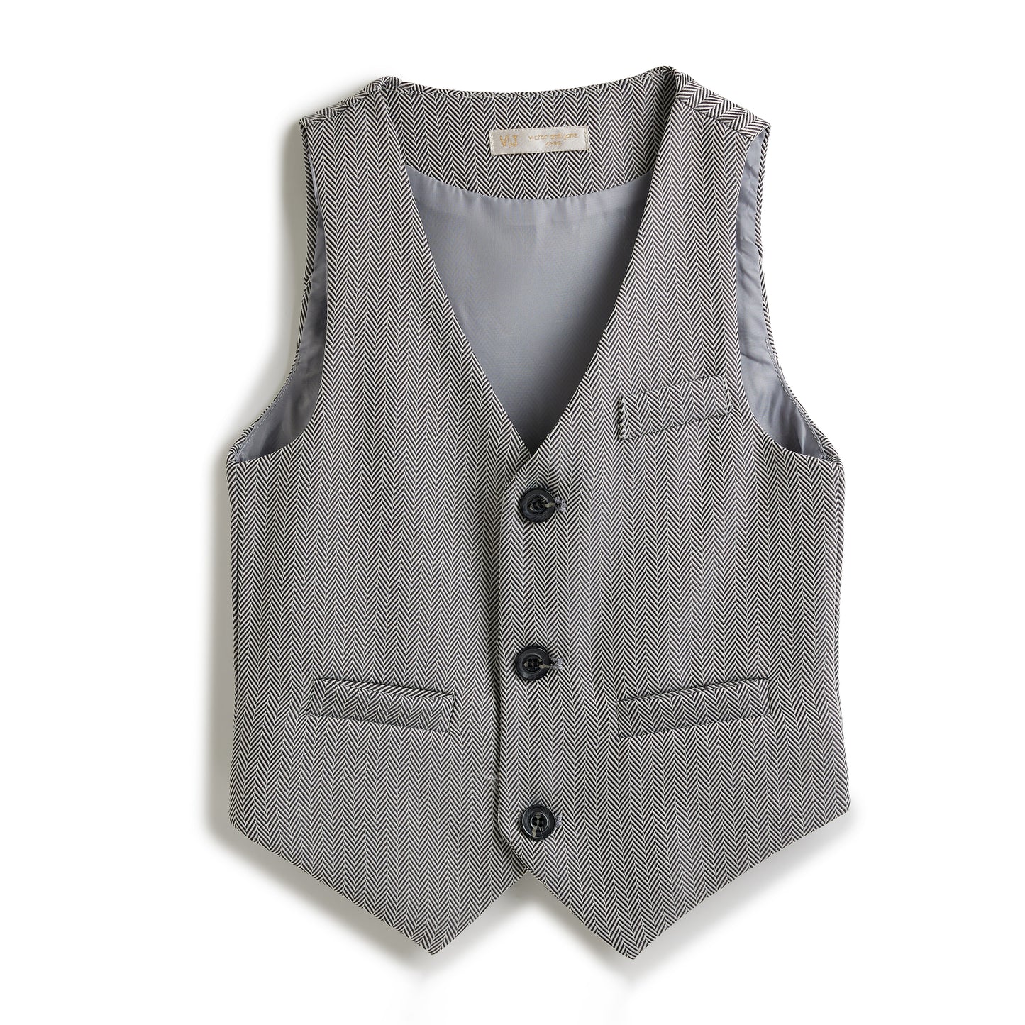 Grey Herringbone Waistcoat And Pant Set With Shirt And Tie