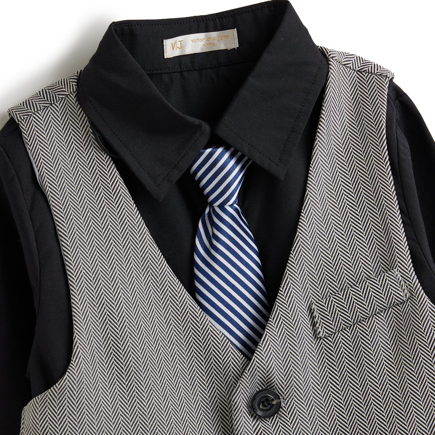 Grey Herringbone Waistcoat And Pant Set With Shirt And Tie