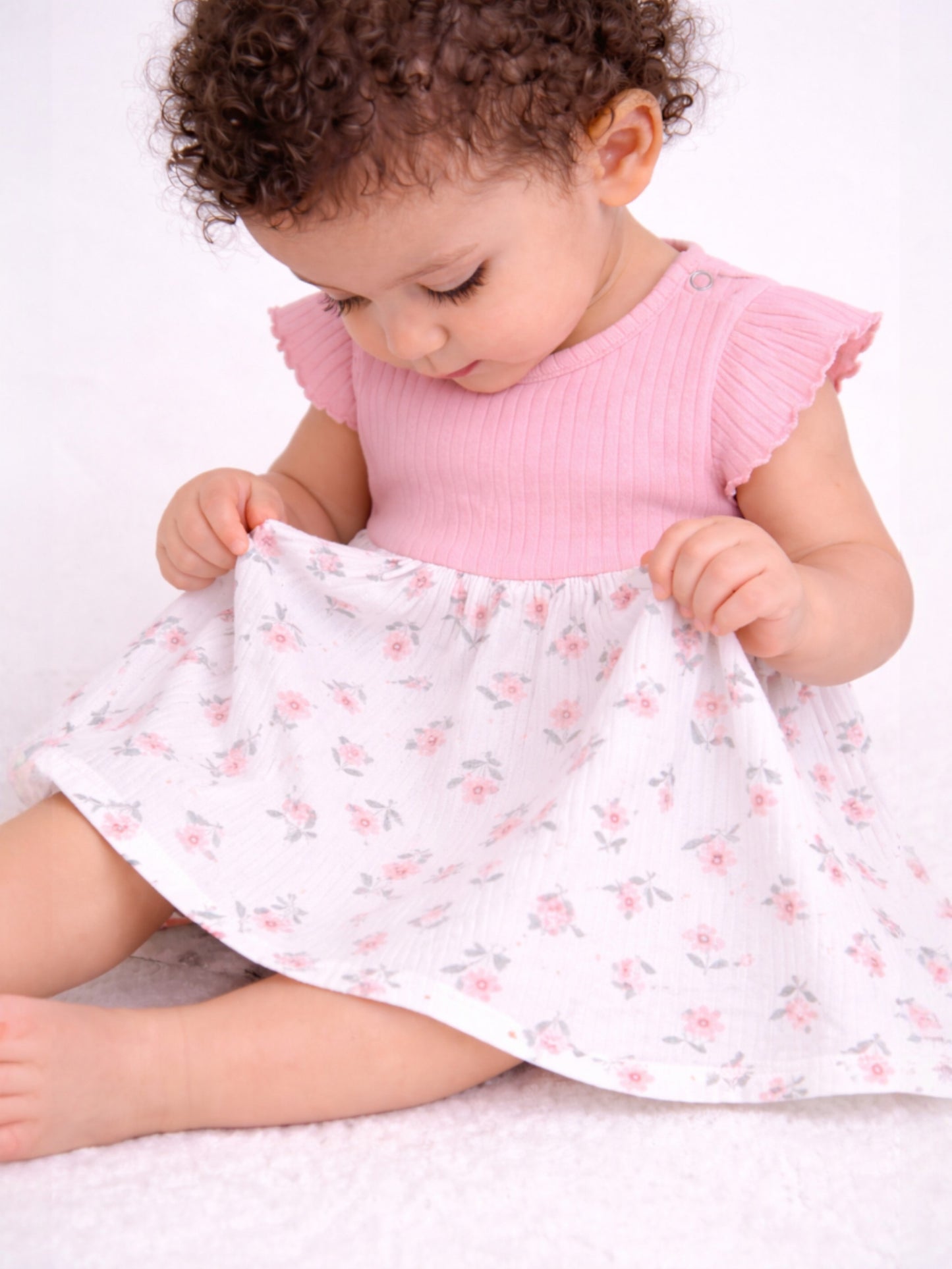 Infant Girls Drop Needle Dress with Floral Skirt (Small Embroidery Detail