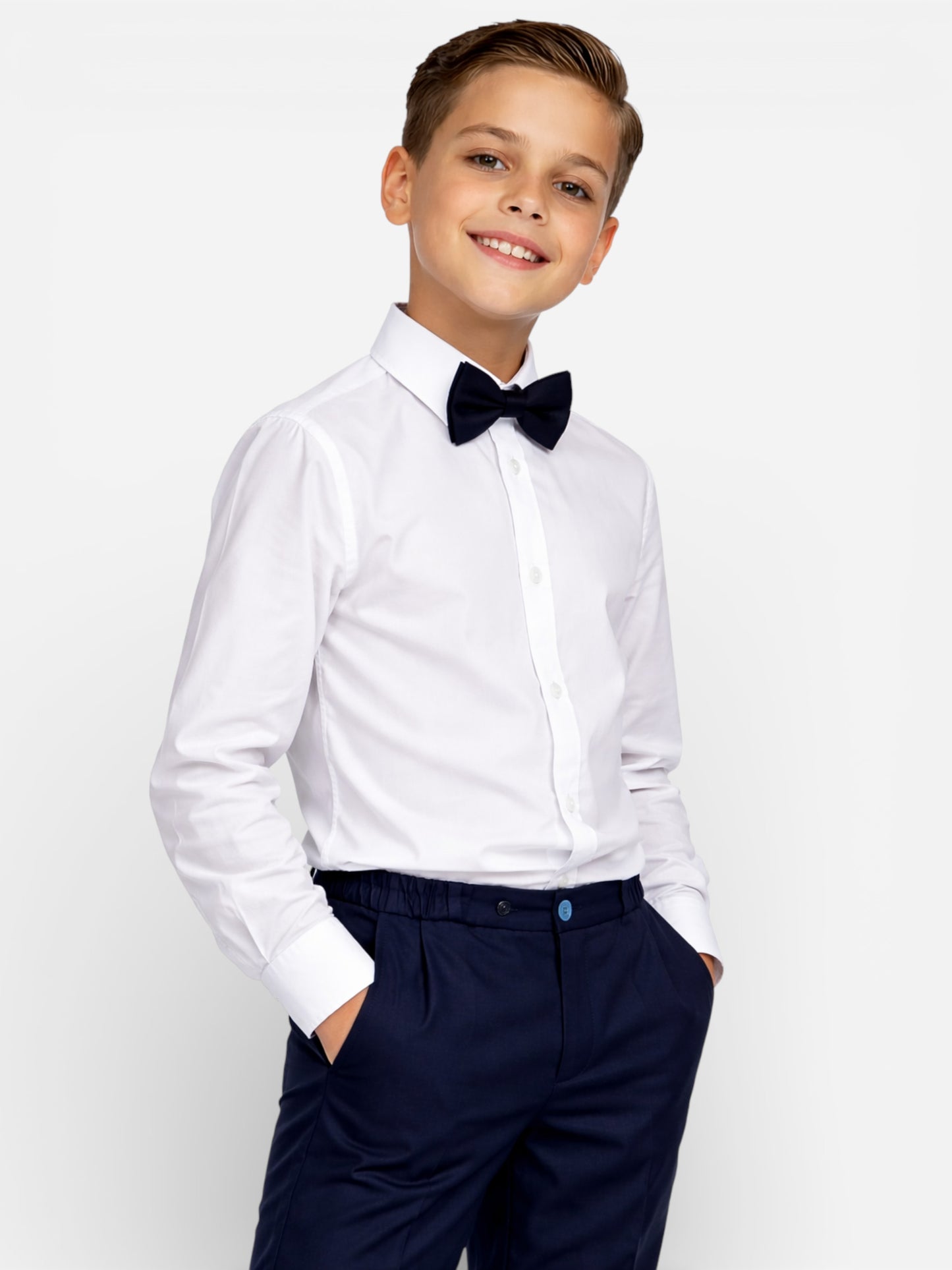 Boys 4 Pc Set Navy Waistcoat, Shirt, Trousers & Bow Tie Set (3 Years–8 Years)