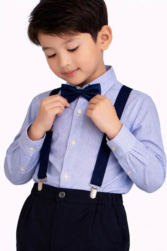 Boys 4 Pc set Formal Shirt, Navy Trousers, Suspenders & Bow Tie Set (3 Months–9 Years)