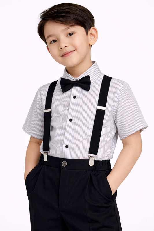 Boys 4 Pc Set Formal Shirt, Shorts, Suspenders & Bow Tie Set