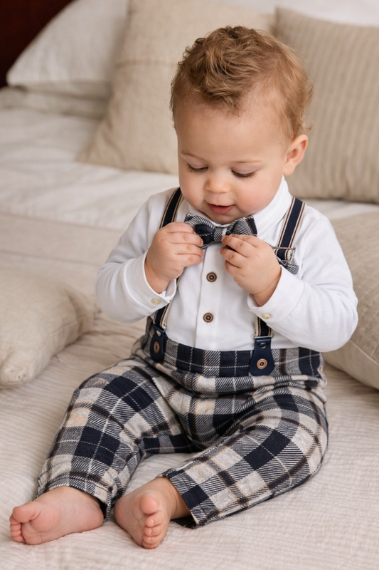 Infant Boys’ Shirt, Bow Tie & Suspenders Mock Romper 3 Pc Set (Checked)