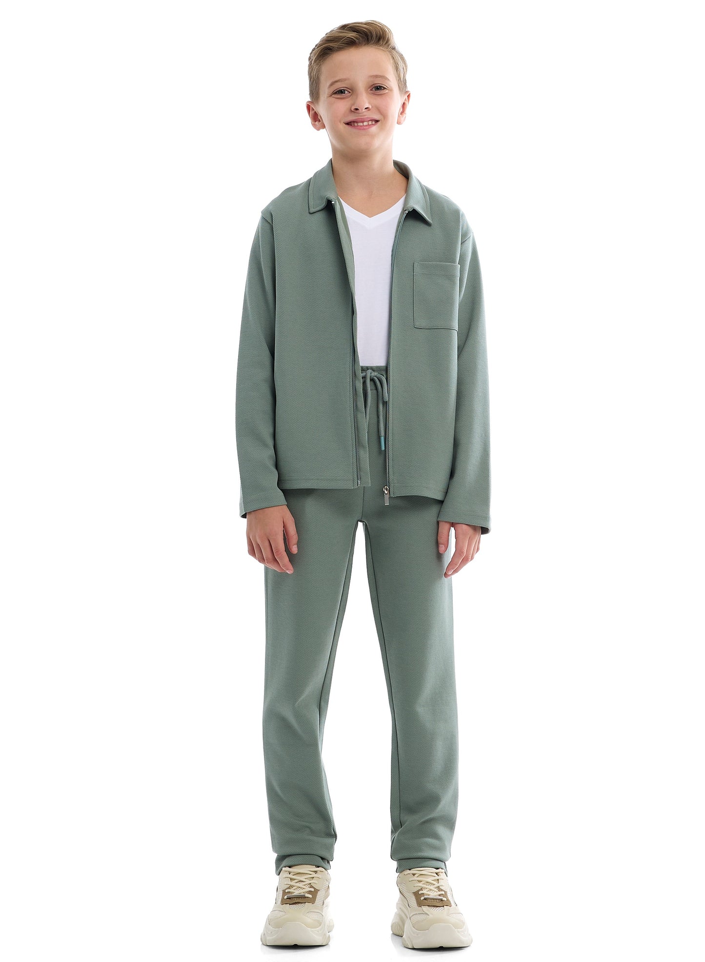 Boys Olive Green Twill Co-ord Set | Zipper Shirt & Jogger Pant | Kids Utility Style Outfit