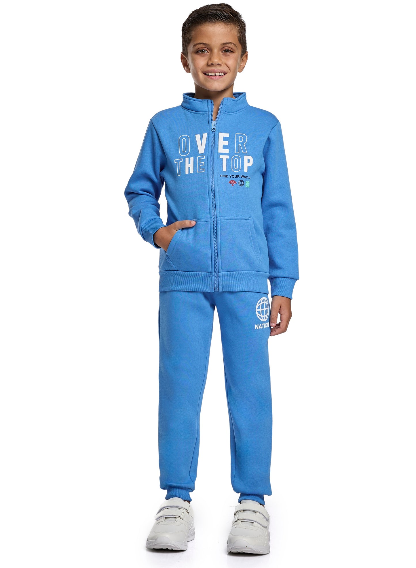 Boys Blue Zipper Jacket Set – “Over the Top” Print with High Neck & Pocket Joggers