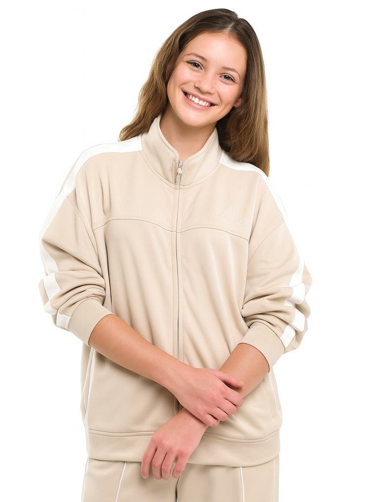Girls’ Beige Contrast-Stripe Track Set – Zip-Up Jacket & Joggers