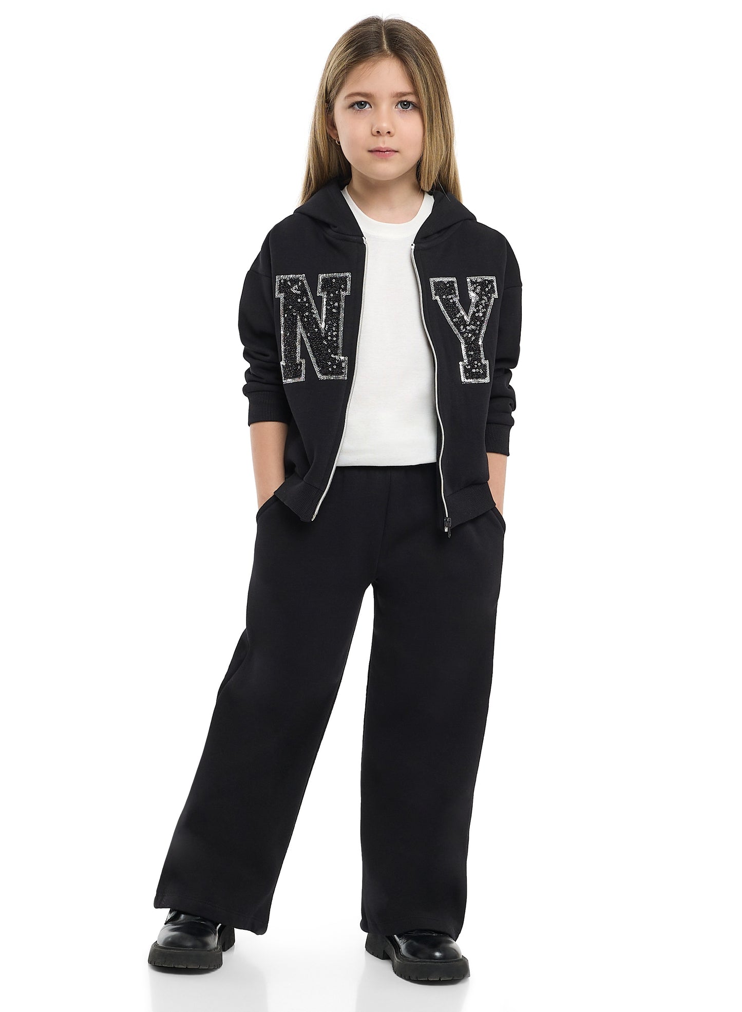 Girls NY Camo Logo Fleece Tracksuit – Black 2-Piece Set