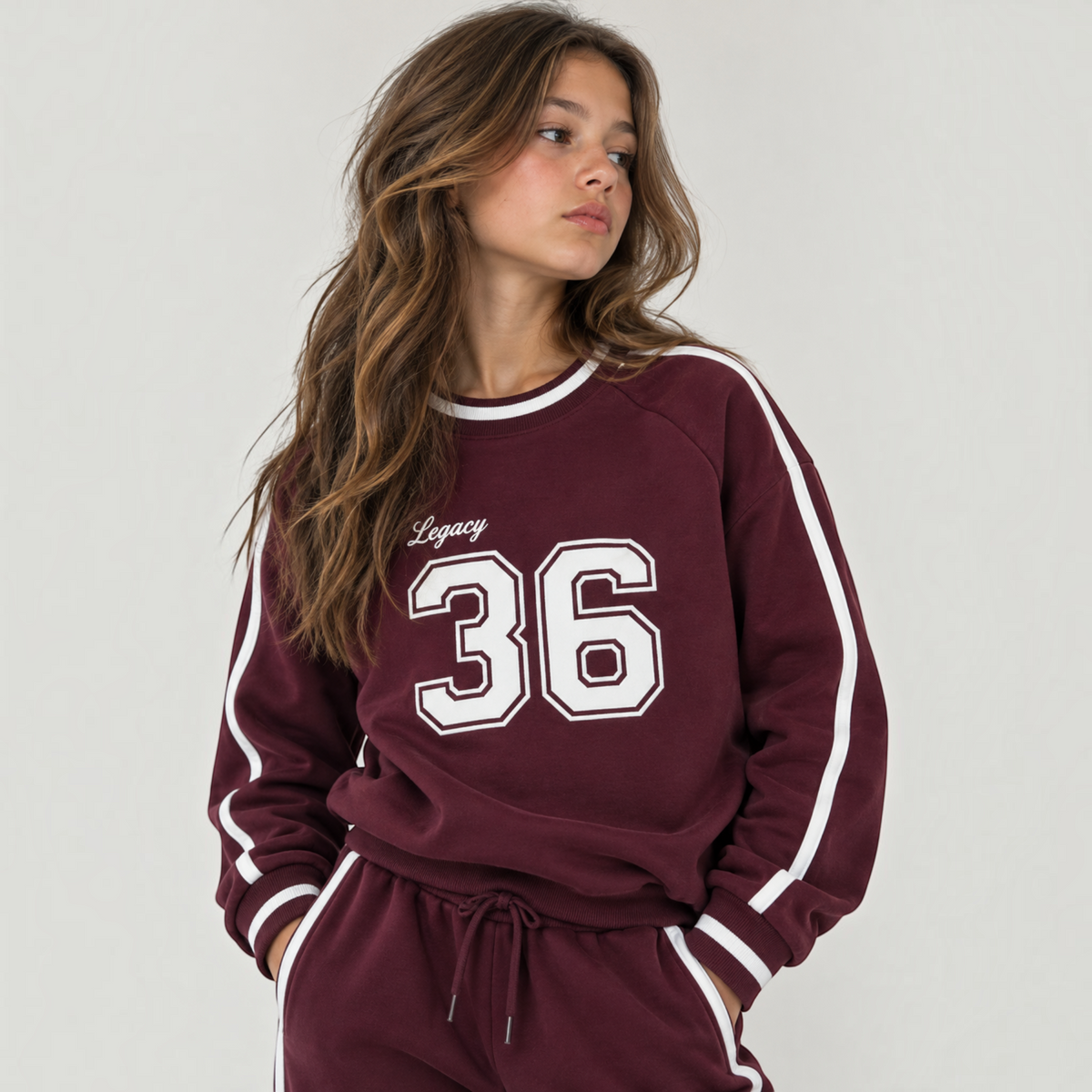 victor and jane girls burgundy fleece sweatshirt with white Legacy 36 graphic print and striped sleeve detailing