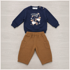 victor and jane boys 2-piece set with navy sweatshirt featuring dachshund embroidery and brown cargo pants