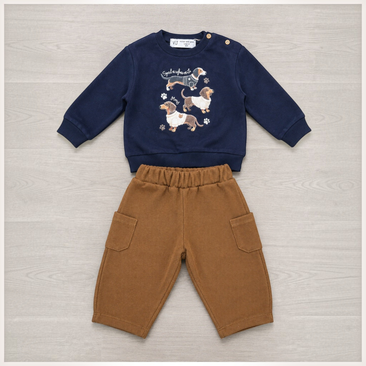 victor and jane boys 2-piece set with navy sweatshirt featuring dachshund embroidery and brown cargo pants