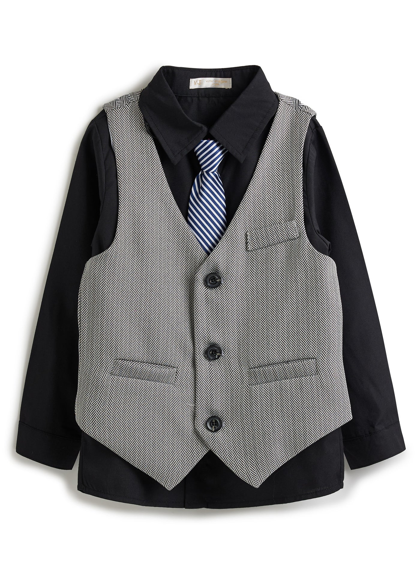 Grey Herringbone Waistcoat And Pant Set With Shirt And Tie