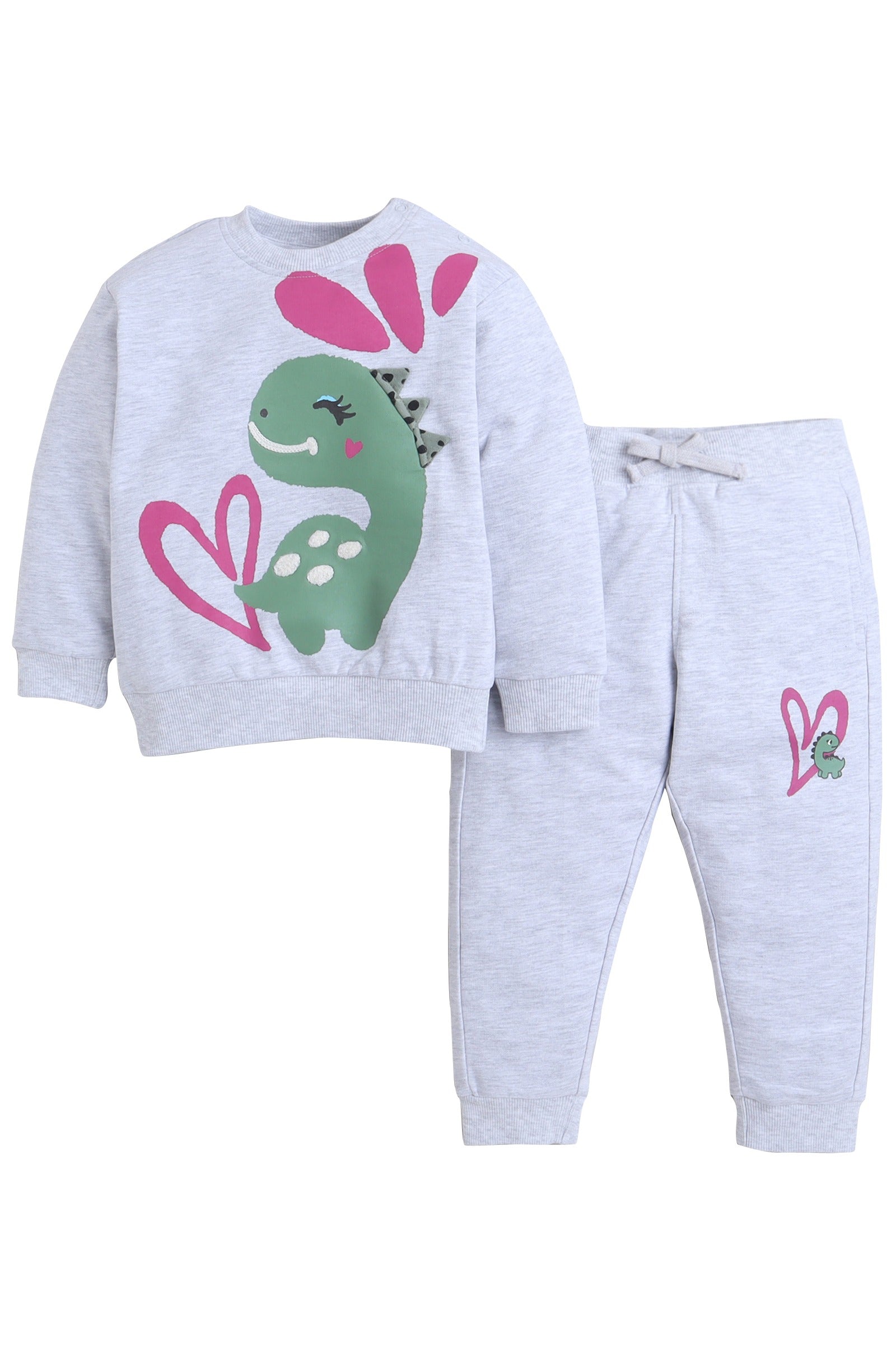 Baby Girl Dino & Heart Fleece Tracksuit “ Oatmeal 2-Piece Set