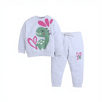 victor and jane 2-piece grey sweatshirt and jogger set for girls featuring a cute green dinosaur and pink heart print