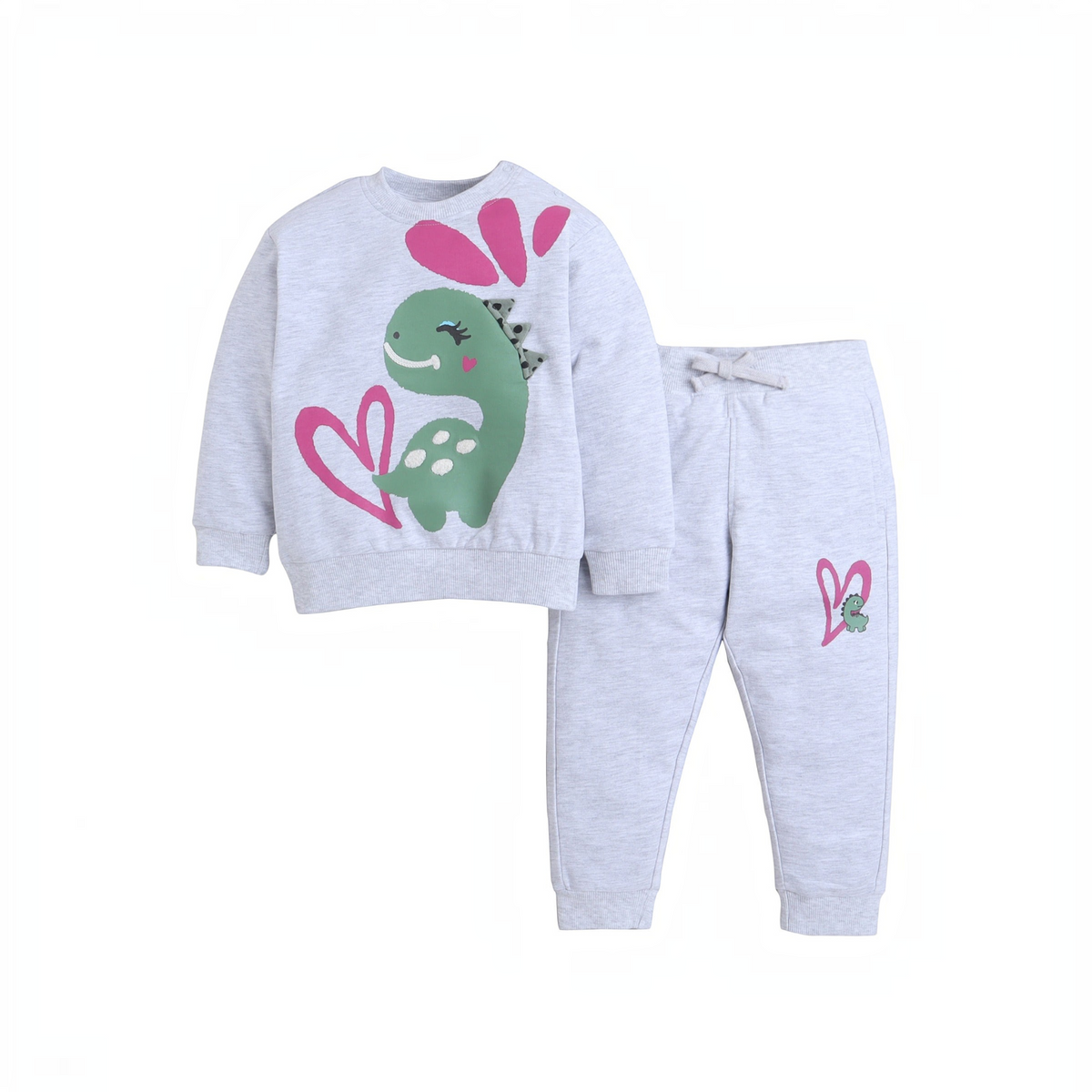 victor and jane 2-piece grey sweatshirt and jogger set for girls featuring a cute green dinosaur and pink heart print