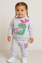 Baby Girl Dino & Heart Fleece Tracksuit “ Oatmeal 2-Piece Set