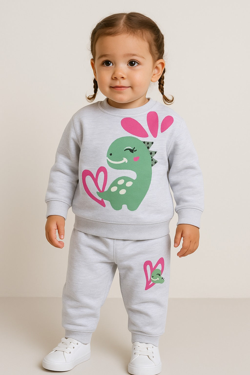 Baby Girl Dino & Heart Fleece Tracksuit “ Oatmeal 2-Piece Set