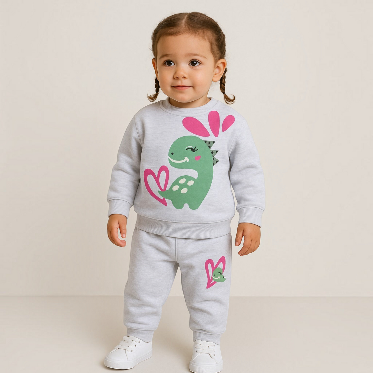 Toddler girl wearing a victor and jane light grey sweatshirt and joggers set with a cute green dinosaur print