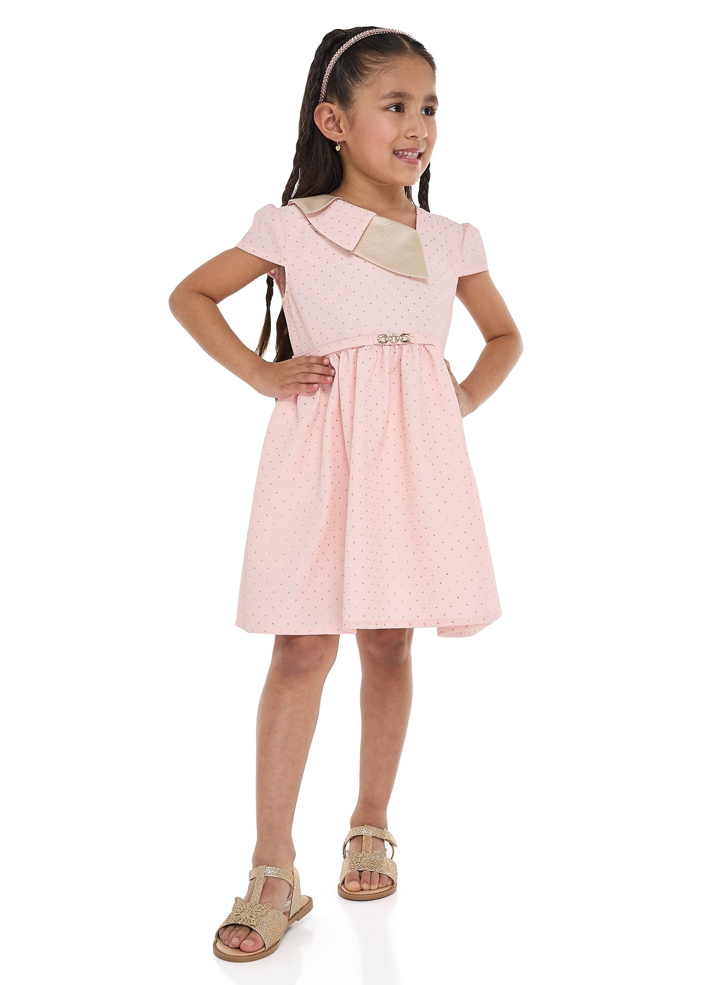 Chic Pink/Gold Lapel Jacquard Dress