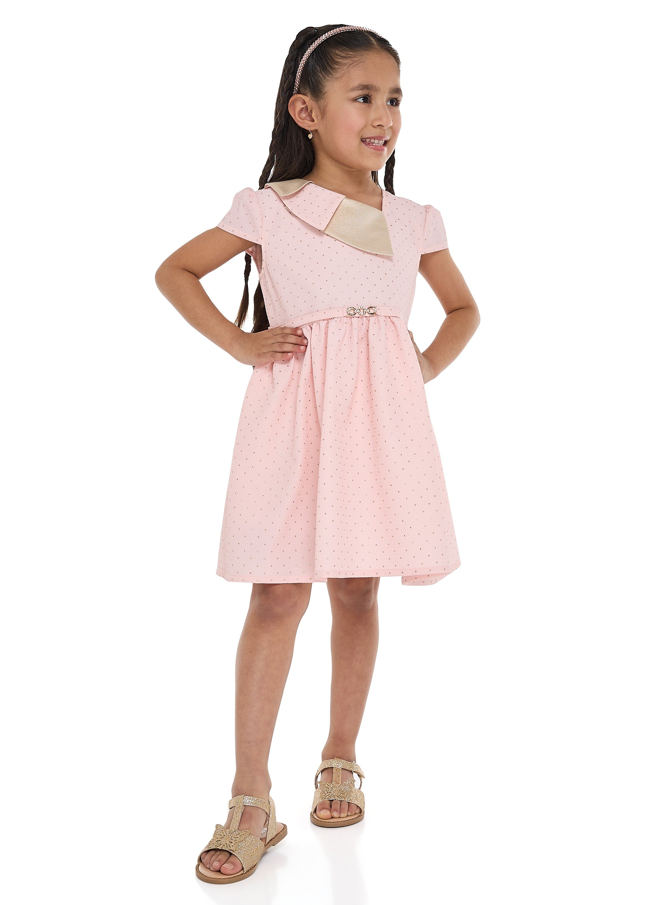 Chic Pink/Gold Lapel Jacquard Dress