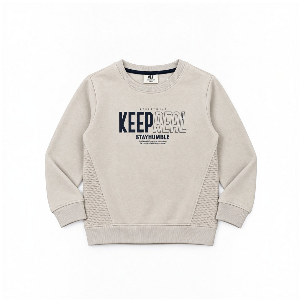 victor and jane boys' beige graphic fleece sweatshirt with textured side panels and Keep Real typography
