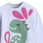 victor and jane light grey long sleeve shirt with a cute green dinosaur graphic and pink accents for girls