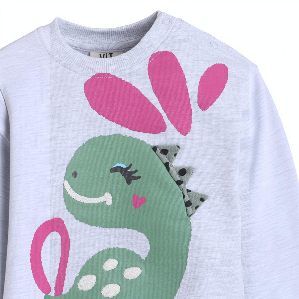 victor and jane light grey long sleeve shirt with a cute green dinosaur graphic and pink accents for girls
