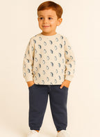Dirkje Cotton Penguins Printed Full Sleeves Sweatshirt & Joggers Set - Off White/Navy Blue