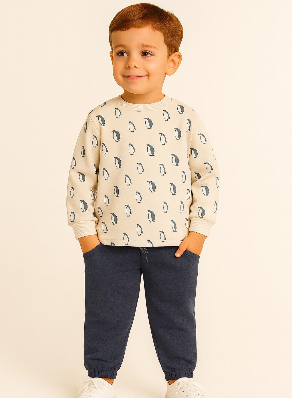 Dirkje Cotton Penguins Printed Full Sleeves Sweatshirt & Joggers Set - Off White/Navy Blue