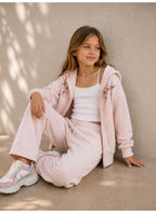 Girls Floral Detail Full Zip Sweatshirt Hoodie and Wide Leg Pants Set