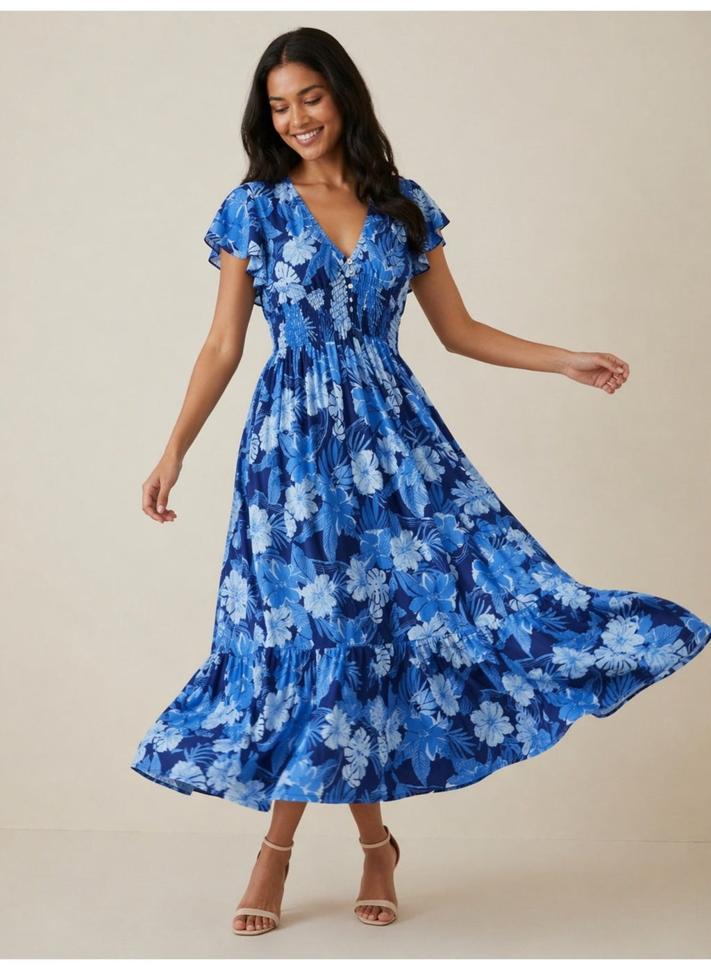 Blue Floral V-Neck Dress With Flutter Sleeves