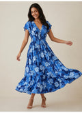 Blue Floral V-Neck Dress With Flutter Sleeves