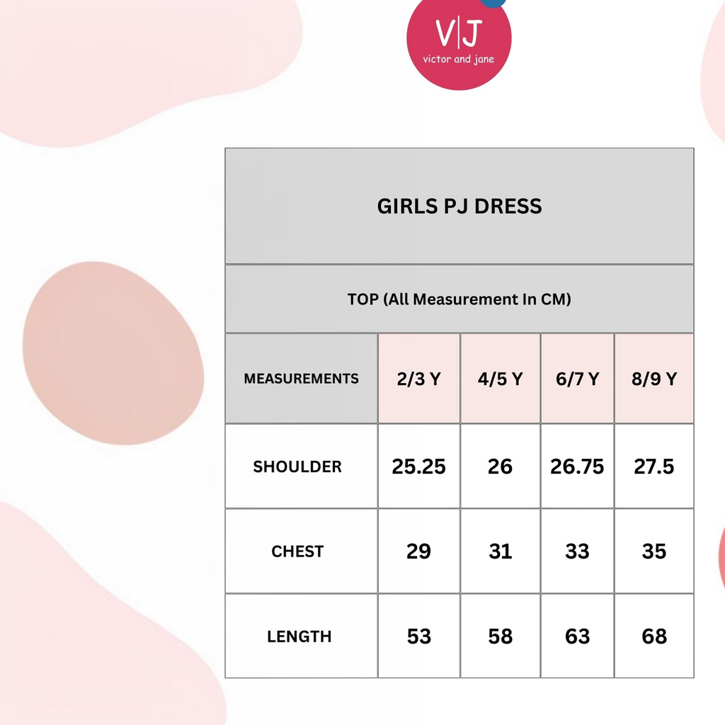 victor and jane girls pj dress size chart showing shoulder chest and length measurements in centimeters