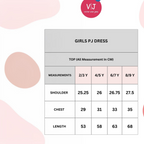 victor and jane girls pj dress size chart showing shoulder chest and length measurements in centimeters