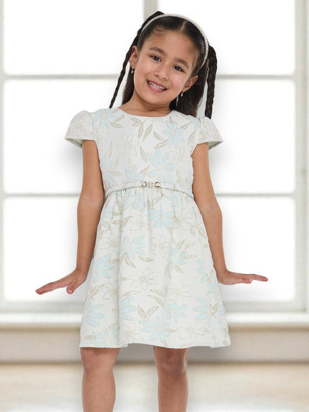 Girls Elegant Green/Gold Jacquard & Tulle Party Dress