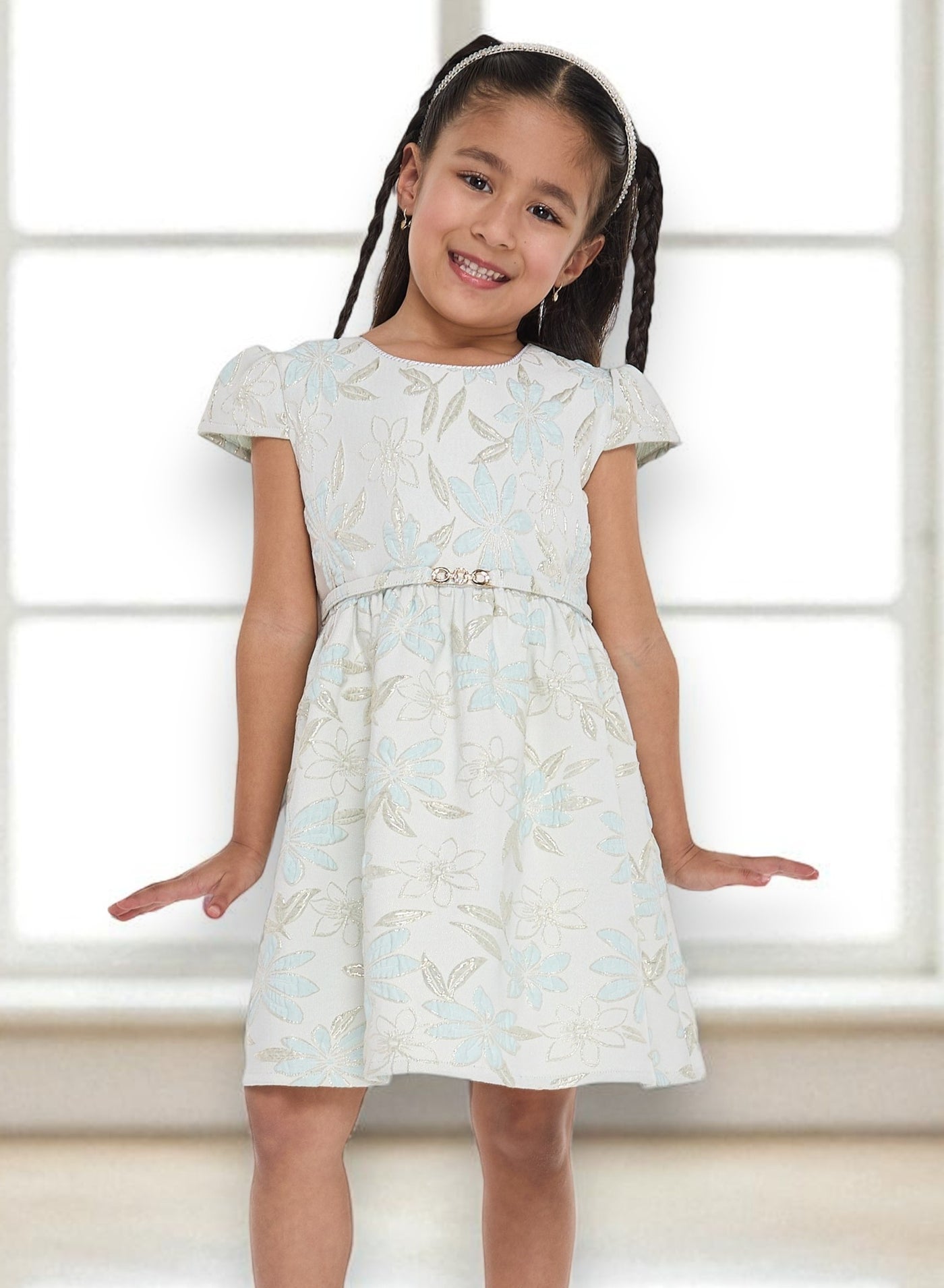 Girls Elegant Green/Gold Jacquard & Tulle Party Dress